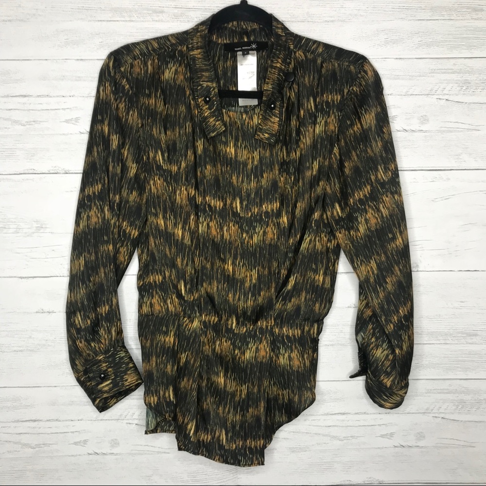 Black Orange Stripe Pleated Satin Long Sleeve Top